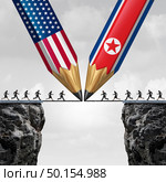 North Korea US summit meeting as diplomatic relations between North Korean and American leadership nuclear negotiations with 3D illustration elements. Стоковое фото, агентство Ingram Publishing / Фотобанк Лори