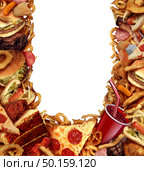 Junk food background frame concept with greasy fried restaurant take out as onion rings burger and hot dogs with pizza as a symbol of diet temptation and unhealthy nutrition with 3D illustration elements. Стоковое фото, агентство Ingram Publishing / Фотобанк Лори