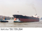 Big Cargo Containers Boat with Goods cargo Stack at the Pier docks port waiting for international sea freight transportation in Rotterdam Port of Netherlands. Стоковое фото, агентство Ingram Publishing / Фотобанк Лори