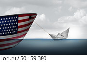 Health care crisis concept and prescriptions and drug coverage policy struggle or medicare and medical insurance symbol as a paper boat made from a doctor prescription note pulling a US ship with 3D illustration elements. Стоковое фото, агентство Ingram Publishing / Фотобанк Лори