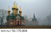 Classic white Orthodox church with golden domes surrounded by bare trees in a foggy park. Peaceful and serene atmospheric scenery, autumn vibes. Стоковое AI-видео, аниматор Sergey Grishin / Фотобанк Лори