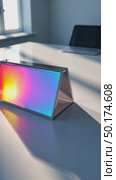 A minimalist 3D icon of a conference table with holographic name tags, soft shadows, and a subtle glass texture for corporate meetings. Стоковое AI-видео, аниматор Sergey Grishin / Фотобанк Лори