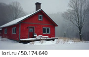 A red wooden house in a snowy landscape, standing on a snowy plain surrounded by trees, soft diffused light, frontal view. Стоковое AI-видео, аниматор Sergey Grishin / Фотобанк Лори