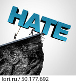 Overcome hate concept and destroy hatred and racial bias or bigotry in politics or society as people pushing text over a cliff as a metaphor for fearless fight on discrimination and racism with 3D illustration elements. Стоковое фото, агентство Ingram Publishing / Фотобанк Лори