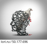 Hate crimes and the mind of a terrorist concept as a human head made of barbed wire with a bleeding wounded white dove victim of violence as a concept of criminal hatred in a 3D illustration style. Стоковое фото, агентство Ingram Publishing / Фотобанк Лори