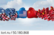 China Yuan And American Dollar fight as United states Chinese currency dispute and trade war as an economic fight concept as a 3D illustration. Стоковое фото, агентство Ingram Publishing / Фотобанк Лори