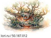 A fantastic watercolor illustration of a mysterious house, organically fused with the surrounding trees and roots. The building seems to be built into a living forest, covered in moss, lichen and climbing branches, giving it a fabulous and slightly mystical appearance. Through the interweaving, a round hole is visible, reminiscent of a window or an eye. The color scheme is soft pastel shades of green, brown and ochre. The image is ideal for the design of books, games, tarot cards, tabletop RPGs, nature and fantasy themes. Стоковое AI-изображение, AI-художник Анна Кривицкая / Фотобанк Лори
