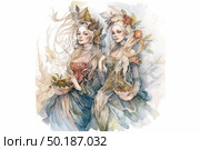A fantasy-style watercolor illustration of two graceful girls in luxurious dresses inspired by nature. Their hair is decorated with leaves, flowers and pearl chains, and in their hands they hold bowls with gifts of nature - fruits or seeds. The color scheme is soft and pastel, with beige, olive and blue shades predominating. The image is reminiscent of forest spirits or goddesses of the harvest, filled with lightness, grace and symbolism of natural harmony. The illustration is ideal for book design, tarot cards, packaging with natural products, jewelry and labels. Стоковое AI-изображение, AI-художник Анна Кривицкая / Фотобанк Лори