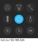 medal , compass , skype , wifi , behance , sports , games , fitness , athletics , football , bodybuilding , snooker , ball , cricket , tennis , stopwatch , golf  , social , media , icon, vector, design,  flat,  collection, style, creative,  icons. Стоковая иллюстрация, агентство Ingram Publishing / Фотобанк Лори