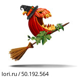 Halloween pumpkin and witch broom as an old magical besom for a magical jack o lantern as a symbol for fall and autumn festive communicartion as a graphic element with 3D renders. Стоковое фото, агентство Ingram Publishing / Фотобанк Лори