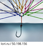Group mission business team strategy as a diverse group of ropes attached to a hook as a united search network and teamwork concept for success with 3D illustration elements. Стоковое фото, агентство Ingram Publishing / Фотобанк Лори