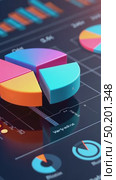 A 3D icon of a pie chart with glowing segments in corporate colors, hovering over a sleek dashboard, data visualization style. Стоковое AI-видео, аниматор Sergey Grishin / Фотобанк Лори