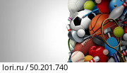 Sports equipment background with a football basketball baseball soccer tennis and golf ball including ping pong tennis hockey puck as healthy recreation including copy space with 3D illustration elements. Стоковое фото, агентство Ingram Publishing / Фотобанк Лори