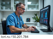 Врач сосредоточенно работает за компьютером в клинике / The doctor is concentrating on the computer in the clinic. Стоковое AI-изображение, AI-художник Валерий Лукин / Фотобанк Лори
