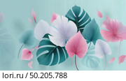 Colorful tropical leaves in various shapes and sizes, featuring shades of green, pink, and white, creating a vibrant and lively botanical illustration with a soft background. Стоковое AI-видео, аниматор Ирина Ручушкина / Фотобанк Лори