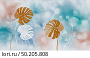 Colorful tropical leaves in various shapes and sizes, featuring shades of green, pink, and white, creating a vibrant and lively botanical illustration with a soft background. Стоковое AI-видео, аниматор Ирина Ручушкина / Фотобанк Лори