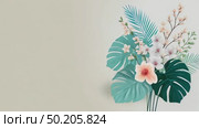 Colorful tropical leaves in various shapes and sizes, featuring shades of green, pink, and white, creating a vibrant and lively botanical illustration with a soft background. Стоковое AI-видео, аниматор Ирина Ручушкина / Фотобанк Лори