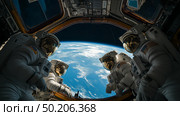 Astronauts looking at Earth planet from a space station during a mission in low Earth orbit. Стоковое AI-изображение, AI-художник Михаил Коханчиков / Фотобанк Лори