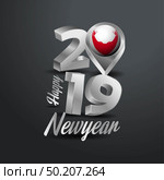 Happy New Year 2019 Grey Typography with Easter Island Rapa Nui Flag Location Pin. Country Flag  Design. Стоковая иллюстрация, агентство Ingram Publishing / Фотобанк Лори