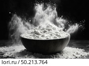Professional macro photography of a wooden bowl filled with white wheat flour. The flour pours and flutters in the air, creating a dramatic dust cloud against a deep black background. High contrast, sharpness and dramatic lighting highlight the texture of the product. An ideal image for use in baking, cooking, ingredients and gastronomic art themes. Стоковое AI-изображение, AI-художник Анна Кривицкая / Фотобанк Лори