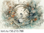 A watercolor illustration in a fairytale and slightly surreal style. In the center of the composition is a fragile girl in a white dress, sitting among fantastic plants, flowers, branches and abstract forms. The entire environment seems to come to life - the leaves turn into butterflies, the stems bend, forming curls and arches. The color palette is soft and muted: pastel shades of blue, ocher and gray-green prevail. The illustration evokes a feeling of coziness, silence and dreaminess, suitable for book design, postcards, interior design and fairytale projects. Стоковое AI-изображение, AI-художник Анна Кривицкая / Фотобанк Лори