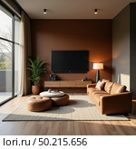 This elegant living space features a cozy brown sofa, plush cushioned ottoman, and vibrant plant, creating a warm atmosphere with abundant natural light Generative AI. Стоковое AI-изображение, AI-художник Юлия Петровская / Фотобанк Лори