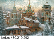 A fairytale winter illustration with architecture in the style of Russian terem architecture. In the foreground are luxurious temples and towers with carved facades, tiles, onion domes and gilded crosses. The entire scene is covered in fluffy snow, among snow-covered trees and firs, creating an atmosphere of magic and silence. The light of dawn softly illuminates the domes, emphasizing the fairytale palette of the image. The illustration is ideal for the themes of Russian culture, Orthodoxy, architecture, winter holidays and fantasy. Стоковое AI-изображение, AI-художник Анна Кривицкая / Фотобанк Лори