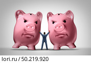 Credit crunch financial problem concept and business debt stress metaphor as a businessman pushing away dangerous piggy bank symbols with 3D illustration elements. Стоковое фото, агентство Ingram Publishing / Фотобанк Лори