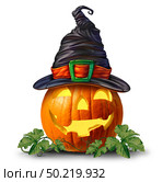 Halloween pumpkin witch wearing a hat as fun autumn season scary character on a white background as a symbol for a traditional holiday decoration with 3D illustration elements. Стоковое фото, агентство Ingram Publishing / Фотобанк Лори
