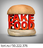 Fake food concept and counterfeit meal as a burger bun with fraudulent ingredients misrepresenting a product at the market as a 3D illustration elements. Стоковое фото, агентство Ingram Publishing / Фотобанк Лори