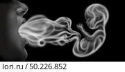 Vaping and pregnancy as a prenatal health risk as a person exhaling steam smoke or vapor shaped as a human unborn fetus from an electronic cigarette in a 3D illustration style. Стоковое фото, агентство Ingram Publishing / Фотобанк Лори