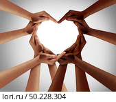 Racial love with white caucasion and black african american hands shaped as an interracial heart representing world unity and ethnic tolerance as a symbol of diversity and equal rights. Стоковое фото, агентство Ingram Publishing / Фотобанк Лори
