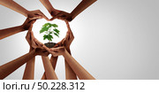 Earth day and earthday as group of diverse people joining to form heart hands connected together protecting the environment and promoting conservation and climate change issues as an image composite. Стоковое фото, агентство Ingram Publishing / Фотобанк Лори