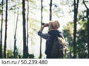 Woman with Binoculars walking in the forest . Стоковое фото, агентство Ingram Publishing / Фотобанк Лори
