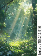 Sunrays illuminate dense forest, shining through branches and leaves creating a dappled effect on the forest floor. Стоковое AI-изображение, AI-художник Данила Большаков / Фотобанк Лори