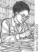 Coloring page of man is seated at a desk, surrounded by a large pile of books. He is engaged in reading and studying intently. Стоковое AI-изображение, AI-художник Данила Большаков / Фотобанк Лори