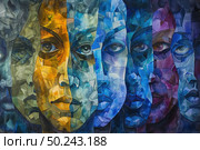 Watercolor painting of multiple individuals faces, showcasing a range of expressions and characteristics. Стоковое AI-изображение, AI-художник Данила Большаков / Фотобанк Лори