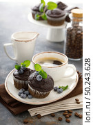 Chocolate muffins with fresh blueberry and cofee cup for breakfast. Стоковое фото, агентство Ingram Publishing / Фотобанк Лори