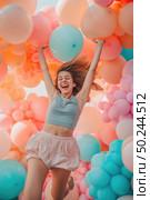 Carefree woman joyfully leaps into the air surrounded by colorful balloons against a clear sky. Стоковое AI-изображение, AI-художник Данила Большаков / Фотобанк Лори