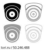 Video camera Spherical camcorder tracking Appliance monitoring Surveillance device CCTV Secure concept icon outline set black grey color vector illustration flat style simple image. Video camera Spherical camcorder tracking Appliance monitoring Surveillance device CCTV Secure concept icon outline set black grey color vector illustration flat style image. Стоковая иллюстрация, агентство Ingram Publishing / Фотобанк Лори