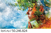 Painting of a woman with a tree balanced on her head, showcasing a unique and surreal concept in art. Стоковое AI-изображение, AI-художник Данила Большаков / Фотобанк Лори