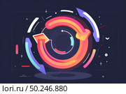 A vibrant circle in various colors with arrows radiating outwards, symbolizing movement, direction, and energy. Стоковое AI-изображение, AI-художник Данила Большаков / Фотобанк Лори
