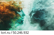 Two faces with distinct colored smokes emanating from them, creating a visually striking contrast. Стоковое AI-изображение, AI-художник Данила Большаков / Фотобанк Лори
