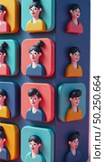 A 3D icon of a video call grid with tiny faces, modern remote work communication style. Стоковое AI-видео, аниматор Sergey Grishin / Фотобанк Лори