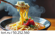 A close-up of a spoon dipping into a bowl of ramen topped with unexpected ingredients blue cheese, pickled strawberries. Concept of unusual food. Стоковое AI-видео, аниматор Sergey Grishin / Фотобанк Лори