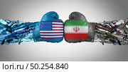 Iran United States military confrontation or USA Iranian proxy war conflict with two opposing governments in a dispute as a fight concept with 3D illustration elements. Стоковое фото, агентство Ingram Publishing / Фотобанк Лори