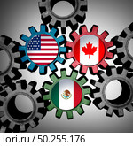 USMCA business trade concept as United States Canada and Mexico north america economic agreement as a 3D illustration. Стоковое фото, агентство Ingram Publishing / Фотобанк Лори