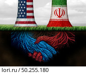 Iranian American back channel confidential agreement with two trees with underground roots as a handshake as a metaphor and symbol for Iranian and United States working on a secret deal with 3D illustration elements. Стоковое фото, агентство Ingram Publishing / Фотобанк Лори