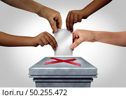 Election voter suppression as diverse hands are discouraged or prevented a group of people from casting a ballot at a voting polling station as a right to vote restrictions concept with 3D illustration elements. Стоковое фото, агентство Ingram Publishing / Фотобанк Лори