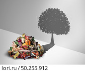 Compost recycling and  and composted soil cycle as a composting pile of rotting kitchen scraps with fruits and vegetable garbage waste turning into a growing  tree in a 3D illlustration style. Стоковое фото, агентство Ingram Publishing / Фотобанк Лори